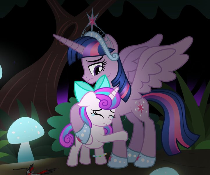 Size: 1672x1389 | Tagged: safe, artist:aleximusprime, derpibooru import, princess flurry heart, twilight sparkle, alicorn, pony, flurry heart's story, alicorn amulet, bow, bush, comforting, crying, description is relevant, dream of alicornication, everfree forest, female, filly, filly flurry heart, foal, forest, glowing mushroom, hair bow, image, jpeg, mushroom, night, older, older twilight, sad, safeguard bracelet, story included, tree