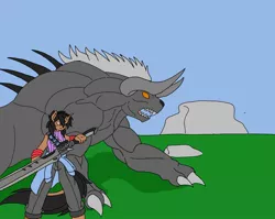 Size: 1991x1583 | Tagged: safe, artist:kurogetsuouji, derpibooru import, kirin oc, oc, anthro, kirin, anthro oc, behemoth, final fantasy, gunblade, image, jpeg, size difference, weapon