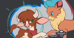 Size: 2476x1290 | Tagged: safe, artist:hyakuen, derpibooru import, arizona cow, velvet reindeer, cow, deer, reindeer, them's fightin' herds, arizona (tfh), blushing, community related, female, holding hooves, image, lesbian, looking at each other, looking at someone, parody, png, shipping, velvezona