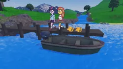 Size: 1280x720 | Tagged: safe, derpibooru import, screencap, sci-twi, sunset shimmer, twilight sparkle, equestria girls, boat, camp everfree outfits, dock, eddy misbehaves at camp goville, female, goanimate, image, lake, lesbian, lifejacket, png, roblox, scitwishimmer, shipping, sunsetsparkle, tree, walking