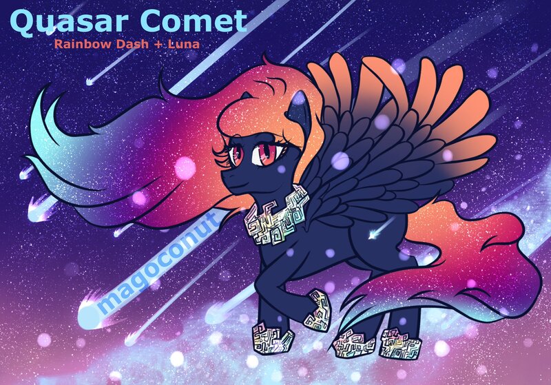 Size: 2048x1431 | Tagged: safe, artist:magoconut, derpibooru import, oc, pegasus, pony, bismuth, bismuth crystals, colored wings, colors, comet, flowing mane, flowing tail, fusion, image, jewelry, jpeg, lots of colors, multicolored hair, multicolored wings, night, night sky, pegasus oc, pegasus that looks like an alicorn, sky, solo, spread wings, stars, tail, watermark, wings