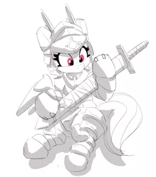 Size: 2580x2919 | Tagged: safe, artist:pabbley, derpibooru import, rainbow dash, pegasus, pony, armor, female, grayscale, image, jpeg, mare, monochrome, neo noir, partial color, simple background, sitting, solo, sword, weapon, white background