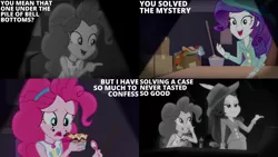Size: 1280x720 | Tagged: safe, derpibooru import, edit, edited screencap, editor:quoterific, screencap, pinkie pie, rarity, equestria girls, equestria girls series, rarity investigates: the case of the bedazzled boot, clothes, cutie mark, cutie mark on clothes, duo, duo female, eating, female, food, geode of sugar bombs, image, jewelry, jpeg, magical geodes, necklace, open mouth, open smile, rarity investigates (eqg): pinkie pie, smiling, tanktop