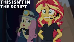 Size: 1280x720 | Tagged: safe, derpibooru import, edit, edited screencap, editor:quoterific, screencap, fluttershy, sunset shimmer, equestria girls, equestria girls series, opening night, duo, duo female, female, grin, hairpin, helmet, image, jpeg, mining helmet, nervous, nervous grin, opening night: sunset shimmer, open mouth, smiling, sweat