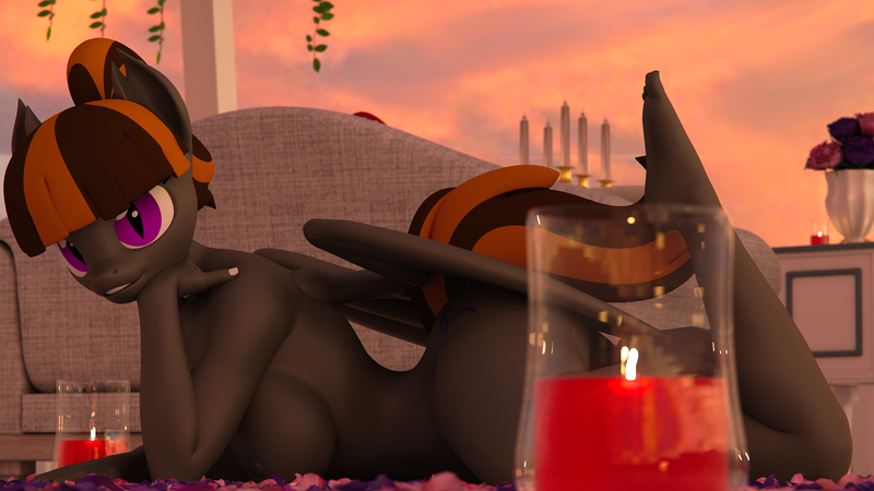 Size: 3840x2160 | Tagged: questionable, artist:dashie116, derpibooru import, oc, oc:mythic dawn, unofficial characters only, anthro, bat pony, plantigrade anthro, 3d, bat pony oc, bat wings, breasts, butt, candle, commission, detailed background, feet, female, flower, flower petals, flower vase, high res, image, looking at you, lying down, nudity, png, prone, sideboob, smiling, smiling at you, solo, solo female, toes, vase, wings, ych result