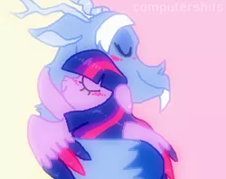 Size: 500x397 | Tagged: safe, artist:computershits, derpibooru import, discord, so soft twilight, twilight sparkle, arm around neck, blue flu, blushing, colored wings, curled up, discolight, duo, embrace, eyes closed, female, hug, image, male, multicolored wings, png, shine, shipping, signature, straight, two toned mane, two toned wings, wings