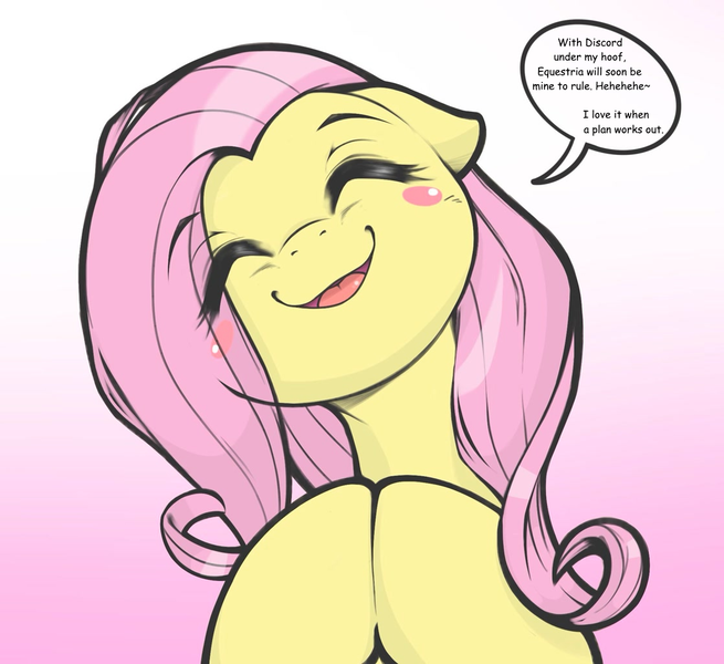 Size: 1118x1024 | Tagged: safe, artist:kurogewapony, derpibooru import, edit, fluttershy, pegasus, cute, daaaaaaaaaaaw, evil, image, implied discord, implied manipulation, png, pure unfiltered evil, scheming, shyabetes, solo, text edit