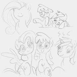 Size: 1151x1156 | Tagged: safe, artist:dotkwa, derpibooru import, cherry berry, fluttershy, lyra heartstrings, earth pony, pegasus, pony, unicorn, female, grayscale, hoof around neck, image, looking at you, mare, monochrome, open mouth, open smile, png, sketch, smiling, smiling at you, stink lines, trio