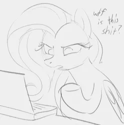 Size: 655x658 | Tagged: safe, artist:dotkwa, derpibooru import, fluttershy, pegasus, pony, computer, female, grayscale, image, laptop computer, mare, monochrome, png, sketch, solo, vulgar