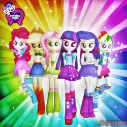 Size: 1024x1024 | Tagged: safe, artist:bahlinka, derpibooru import, applejack, fluttershy, pinkie pie, rainbow dash, rarity, sci-twi, twilight sparkle, human, equestria girls, equestria girls (movie), 3d, clothes, equestria girls logo, humane five, humane six, image, jpeg, mane six, rainbow background, source filmmaker