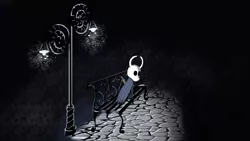 Size: 4000x2250 | Tagged: safe, artist:mrtank667, derpibooru import, pony, bench, black background, cloak, clothes, cobblestone street, hollow knight, image, lamppost, night, png, simple background, solo