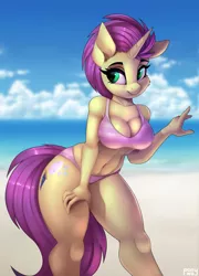 Size: 2000x2772 | Tagged: suggestive, artist:pony-way, derpibooru import, oc, oc:sky spark, unofficial characters only, anthro, unicorn, anthro oc, beach, breasts, cleavage, clothes, female, hand on leg, hand on thigh, image, panties, png, solo, solo female, striped swimsuit, swimsuit, underwear