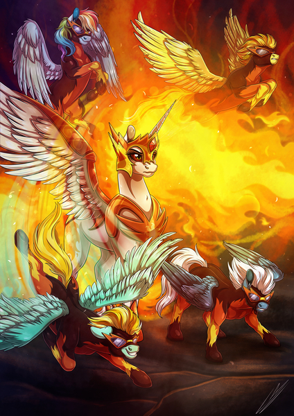 Size: 3508x4961 | Tagged: safe, artist:lupiarts, derpibooru import, daybreaker, lightning dust, night glider, princess celestia, rainbow dash, spitfire, pony, absurd resolution, alternate design, alternate universe, blazebolts, clothes, commission, digital art, empress, epic, evil, evil grin, feather, female, fire, flyer, flying, goggles, grin, image, jpeg, mare, poster, smiling, spread wings, uniform, wings, wonderbolts