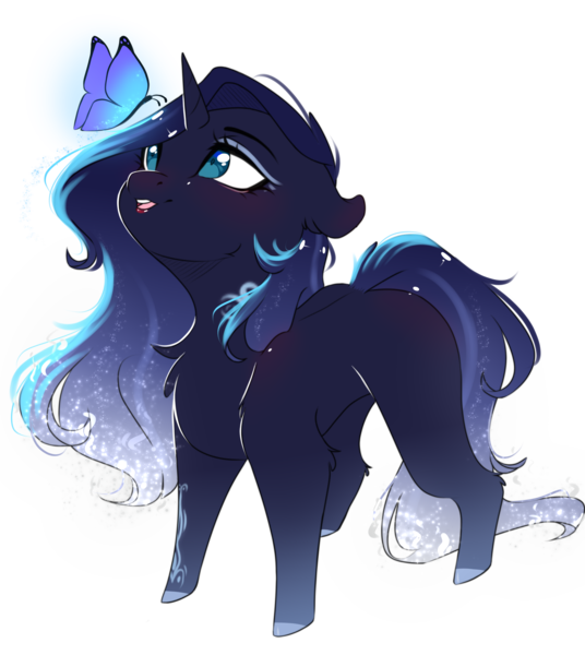 Size: 2500x2800 | Tagged: safe, artist:bambudess, derpibooru import, oc, oc:mystic shadow, unofficial characters only, butterfly, insect, pony, unicorn, chibi, cute, female, horn, image, mare, png, simple background, solo, transparent background