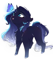 Size: 2500x2800 | Tagged: safe, artist:bambudess, derpibooru import, oc, oc:mystic shadow, unofficial characters only, butterfly, insect, pony, unicorn, chibi, cute, female, horn, image, mare, png, simple background, solo, transparent background