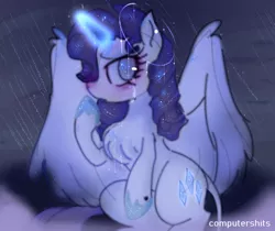 Size: 902x758 | Tagged: safe, artist:computershits, derpibooru import, rarity, alicorn, alicornified, chest fluff, cloud, cloudy, crying, curly hair, eyeshadow, eye shimmer, female, field, flushed face, fog, glow, glowing horn, grass, halo, hoof heart, hoof shoes, horn, image, jewelry, jpeg, magic, makeup, nervous, race swap, rain, raricorn, regalia, sitting, sky, solo, solo female, sparkle, sparkly eyes, storm, watermark, wingding eyes, worried