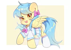 Size: 3507x2480 | Tagged: safe, artist:骨头, derpibooru import, oc, oc:lrivulet, oc:zoran, oc:左岸, unofficial characters only, pegasus, pony, bowtie, clothes, eye clipping through hair, female, image, looking at you, open mouth, open smile, png, raised hoof, school uniform, shirt, skirt, smiling, smiling at you, socks, spread wings, wings