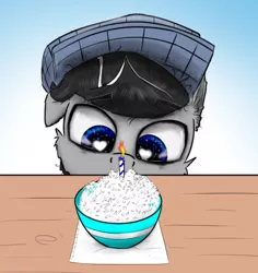 Size: 1250x1324 | Tagged: safe, derpibooru import, oc, oc:chopsticks, unofficial characters only, pegasus, pony, birthday, bowl, candle, cheek fluff, ear fluff, eyebrows, eyebrows visible through hair, eyes on the prize, food, hat, heart eyes, image, male, png, rice, solo, stallion, wingding eyes