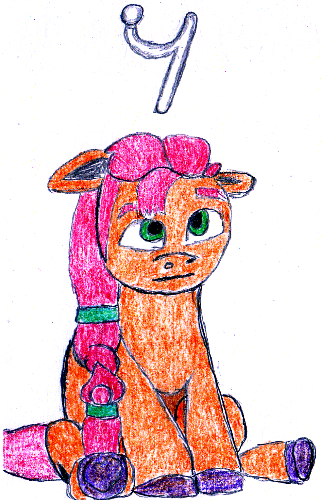 Size: 321x500 | Tagged: safe, artist:ewxep, derpibooru import, sunny starscout, my little pony: a new generation, colored pencil drawing, floppy ears, g5, image, missing accessory, png, pun, rest, simple background, sitting, solo, symbol, traditional art, visual pun, white background