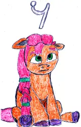 Size: 321x500 | Tagged: safe, artist:ewxep, derpibooru import, sunny starscout, my little pony: a new generation, colored pencil drawing, floppy ears, g5, image, missing accessory, png, pun, rest, simple background, sitting, solo, symbol, traditional art, visual pun, white background