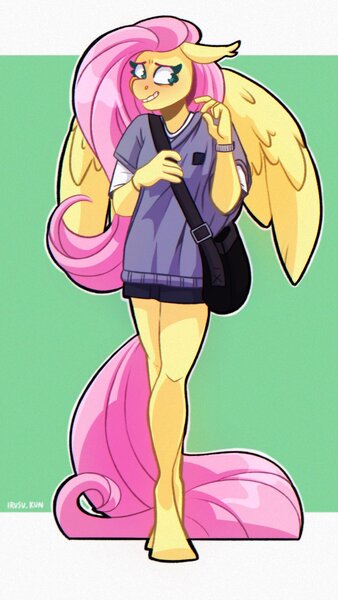 Size: 1080x1920 | Tagged: safe, artist:lrusu, derpibooru import, fluttershy, anthro, pegasus, unguligrade anthro, bag, clothes, grin, image, jpeg, nervous, shirt, shorts, smiling, solo, spread wings, wings