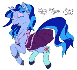 Size: 1200x1092 | Tagged: safe, artist:sepiakeys, derpibooru import, oc, oc:blue giggles, unofficial characters only, pony, unicorn, clothes, crossdressing, dress, image, male, png, socks, stallion, stockings, thigh highs, trap