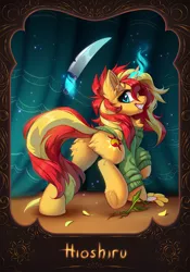 Size: 894x1280 | Tagged: safe, artist:alrumoon_art, artist:hioshiru, derpibooru import, sunset shimmer, pony, unicorn, butt, butt fluff, clothes, cosplay, costume, fangs, female, hoof fluff, image, knife, magic, mare, plot, png, raised hoof, smiling, solo, sunset cosplay flashmob, sweater, telekinesis, underhoof