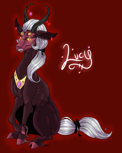 Size: 1200x1500 | Tagged: safe, artist:riotlizard, derpibooru import, oc, oc:princess lucifer, female, four eyes, horns, image, interspecies offspring, magical gay spawn, multiple eyes, offspring, parent:king sombra, parent:lord tirek, parents:sombrek, peytral, png, red background, simple background