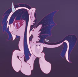 Size: 828x824 | Tagged: safe, artist:lynnpone, derpibooru import, oc, bat pony, bat pony oc, bat wings, curved horn, female, glitter, horn, image, jpeg, markings, solo, tail, wings