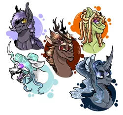 Size: 1138x1059 | Tagged: safe, artist:riotlizard, derpibooru import, oc, oc:artemis, oc:chakra blossom, oc:nocturnus, oc:oddball, oc:princess iridescence, unofficial characters only, bat pony, changepony, draconequus, hybrid, pegasus, pony, pandoraverse, androgynous, bat pony oc, bat wings, bust, draconequus oc, ethereal mane, eyepatch, fangs, female, glasses, glow, glowing eyes, image, magical lesbian spawn, male, mare, offspring, offspring's offspring, parent:oc:cupcake, parent:oc:daedalus ravenwing, parent:oc:pandora, parent:princess celestia, parent:princess luna, parent:queen chrysalis, parent:tree hugger, parent:zephyr breeze, parents:canon x oc, parents:chryslestia, parents:oc x oc, parents:zephyrhugger, png, simple background, stallion, starry mane, white background, wings