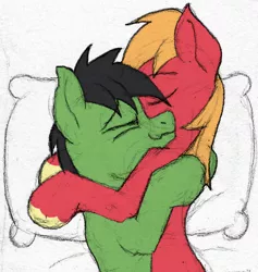 Size: 912x964 | Tagged: safe, artist:sefastpone, derpibooru import, big macintosh, oc, oc:anon stallion, earth pony, pony, colored sketch, cuddling, gay, image, male, pillow, png, sefast's anon