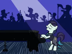 Size: 1220x908 | Tagged: safe, derpibooru import, coloratura, octavia melody, parish nandermane, earth pony, pony, unicorn, the mane attraction, bipedal, bipedal leaning, clothes, dress, eyes closed, female, harp, horn, image, jpeg, leaning, male, mare, musical instrument, my little pony color my world, open mouth, orchestra, piano, playing instrument, rara, silhouette, singing, solo focus, spotlight, stallion, the magic inside, violin