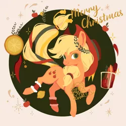 Size: 2500x2500 | Tagged: safe, artist:larix-u, derpibooru import, part of a set, applejack, earth pony, pony, apple, bells, christmas, clothes, cowboy hat, drink, female, food, hat, high res, holiday, image, laurel wreath, leg warmers, lemon, mare, png, ribbon, solo