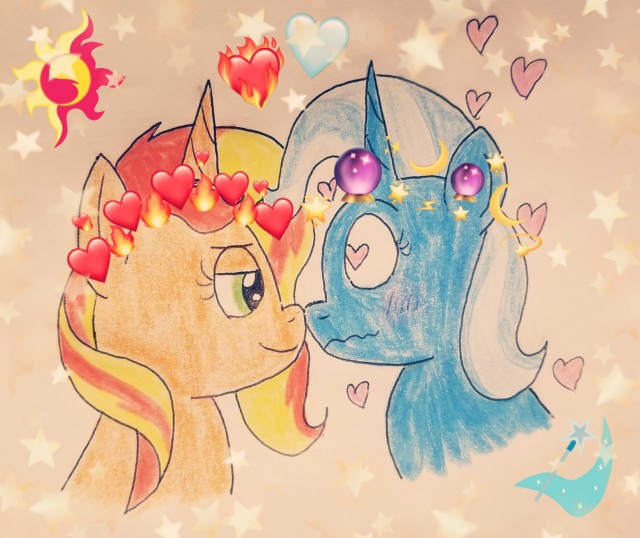 Size: 640x538 | Tagged: safe, artist:suntrixglim, derpibooru import, sunset shimmer, trixie, female, image, jpeg, lesbian, shipping, suntrix