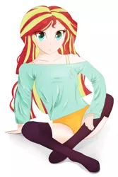Size: 2385x3570 | Tagged: safe, artist:toffrox, derpibooru import, sunset shimmer, equestria girls, bra, bra strap, clothes, female, image, looking at you, loose fitting clothes, panties, png, simple background, sitting, socks, solo, thigh highs, underwear, white background