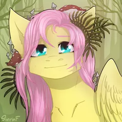 Size: 1000x1000 | Tagged: safe, artist:sinrinf, derpibooru import, fluttershy, pegasus, pony, image, looking at you, mushroom, plant, png, solo, wings