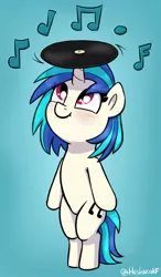 Size: 968x1652 | Tagged: safe, artist:heretichesh, derpibooru import, vinyl scratch, pony, unicorn, bipedal, blushing, cute, female, filly, filly vinyl scratch, foal, gradient background, image, jpeg, looking up, music notes, record, smiling, solo, vinylbetes, younger