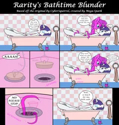 Size: 5120x5400 | Tagged: suggestive, artist:cybersquirrel, derpibooru import, edit, editor:mega-spark, rarity, oc, oc:lavender ripples, goo, goo pony, human, monster girl, original species, slime girl, absurd resolution, bath, bath pony, bathroom, bath soak, bathtub, claw foot bathtub, comic, dilated pupils, drain, drain plug, duo, duo female, eyes closed, female, females only, high res, humanized, image, lesbian, molestation, nudity, partially submerged, personal space invasion, png, pupils, smiling frowning, sucked down, tentacles, water