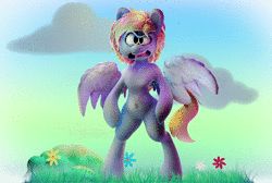 Size: 1606x1080 | Tagged: safe, artist:extradan, derpibooru import, oc, oc:jerky hooves, pegasus, semi-anthro, 3d, angry eyes, animated, bipedal, cloud, flower, grass, grass field, image, open mouth, rock, simple background, webm