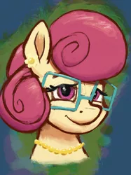 Size: 2048x2732 | Tagged: safe, artist:dummyhorse, derpibooru import, posey shy, pegasus, pony, bust, ear piercing, earring, female, glasses, image, jewelry, looking at you, mare, necklace, piercing, png, portrait, smiling, solo, three quarter view