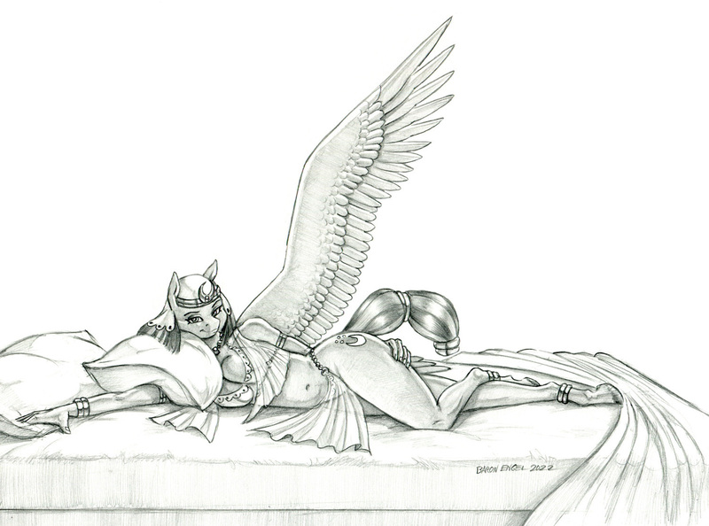Size: 1500x1114 | Tagged: suggestive, artist:baron engel, derpibooru import, somnambula, anthro, pegasus, unguligrade anthro, bed, belly button, female, image, jpeg, monochrome, pencil drawing, pillow, solo, traditional art