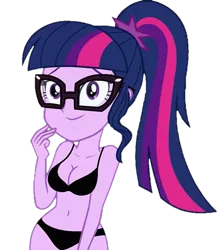 Size: 643x720 | Tagged: suggestive, derpibooru import, edit, edited screencap, editor:ah96, screencap, sci-twi, twilight sparkle, equestria girls, legend of everfree, adorkable, background removed, belly button, bra, breast edit, breasts, cleavage, clothes, cute, dork, female, image, not a vector, png, simple background, solo, transparent background, underwear