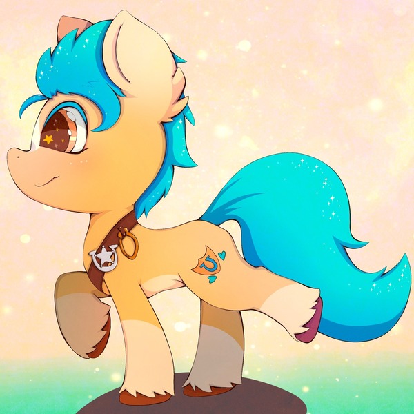 Size: 2048x2048 | Tagged: safe, artist:zokkili, derpibooru import, hitch trailblazer, earth pony, pony, my little pony: a new generation, chibi, cute, cutie mark, g5, hitchbetes, image, jpeg, male, raised hoof, smiling, stallion, starry eyes, tail, wingding eyes