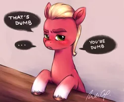 Size: 2383x1967 | Tagged: safe, artist:buttersprinkle, derpibooru import, sprout cloverleaf, earth pony, pony, my little pony: a new generation, ..., blushing, dialogue, g5, image, looking at you, male, png, solo, speech bubble, talking to viewer, tsundere