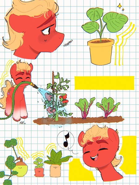 Size: 1536x2048 | Tagged: safe, artist:latiatonta, derpibooru import, sprout cloverleaf, earth pony, pony, my little pony: a new generation, food, g5, image, jpeg, male, plant, pot, singing, sprout, sproutbetes, stallion, tomato