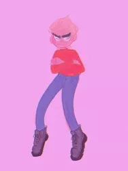 Size: 1536x2048 | Tagged: safe, artist:latiatonta, derpibooru import, sprout cloverleaf, human, angry, clothes, crossed arms, eyebrows, g5, humanized, image, jpeg, pants, pink background, shirt, shoes, simple background