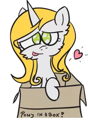 Size: 1257x1805 | Tagged: safe, artist:pisklakozaur, derpibooru import, oc, unofficial characters only, pony, unicorn, :p, box, female, heart, horn, image, mare, png, pony in a box, simple background, solo, tongue out, transparent background, unicorn oc