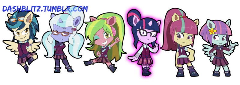 Size: 1280x453 | Tagged: safe, artist:manic-the-lad, derpibooru import, indigo zap, lemon zest, sci-twi, sour sweet, sugarcoat, sunny flare, twilight sparkle, anthro, earth pony, pegasus, unicorn, chibi, clothes, crystal prep academy uniform, ear piercing, earring, glasses, goggles, image, jewelry, piercing, png, school uniform, shadow six, simple background, transparent background