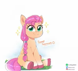 Size: 1725x1578 | Tagged: safe, artist:aceslingerexo, derpibooru import, sunny starscout, earth pony, pony, my little pony: a new generation, cute, female, g5, image, jpeg, looking at you, mare, simple background, sitting, smiling, smiling at you, solo, stars, sunnybetes, white background