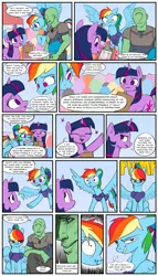 Size: 2000x3500 | Tagged: safe, artist:redruin01, color edit, derpibooru import, edit, rainbow dash, twilight sparkle, oc, oc:anon, human, pegasus, pony, unicorn, colored, comic, derpibooru exclusive, female, image, male, outdoors, png, speech bubble, unicorn twilight